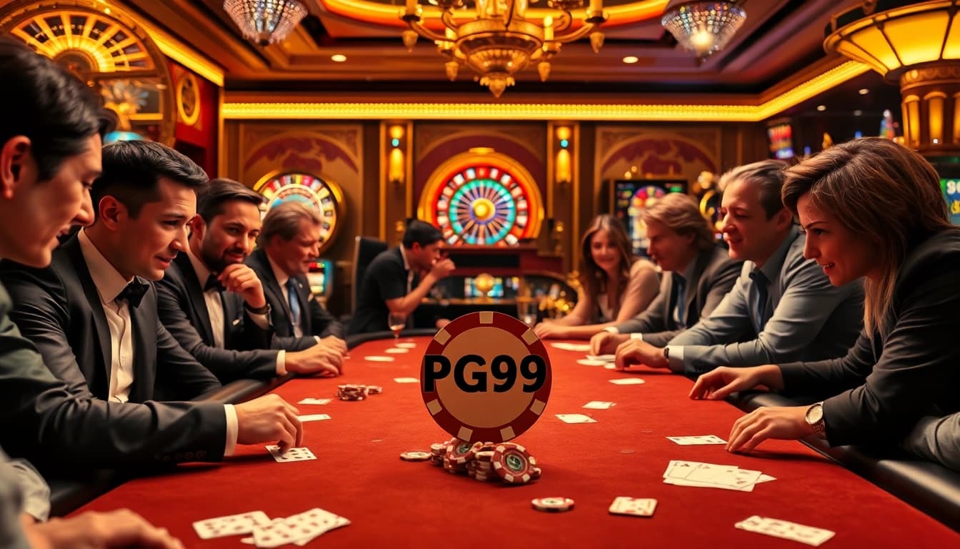 Excited players engage at a poker table with PG99 chips in a luxurious casino setting.