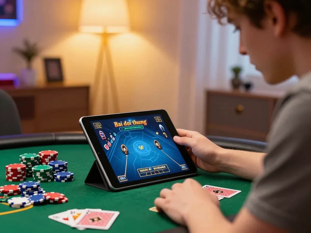 Experience game bai doi thuong in a cozy home gaming setup with engaging poker gameplay