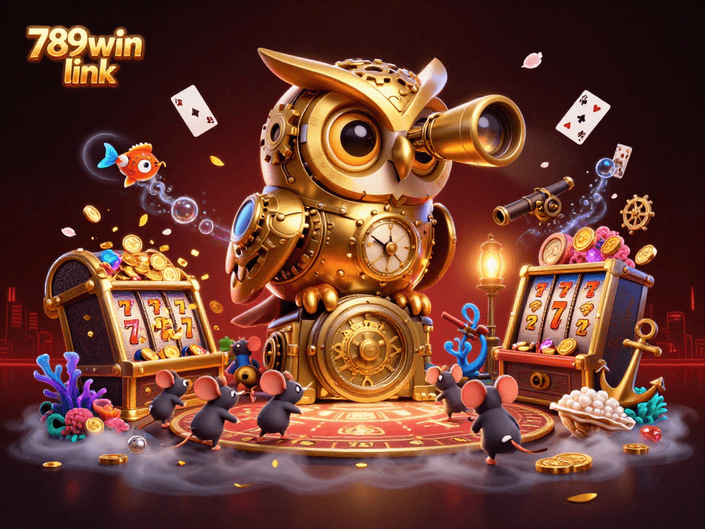 Spin the reels with 789win link in this vibrant, dynamic casino scene featuring a golden owl.
