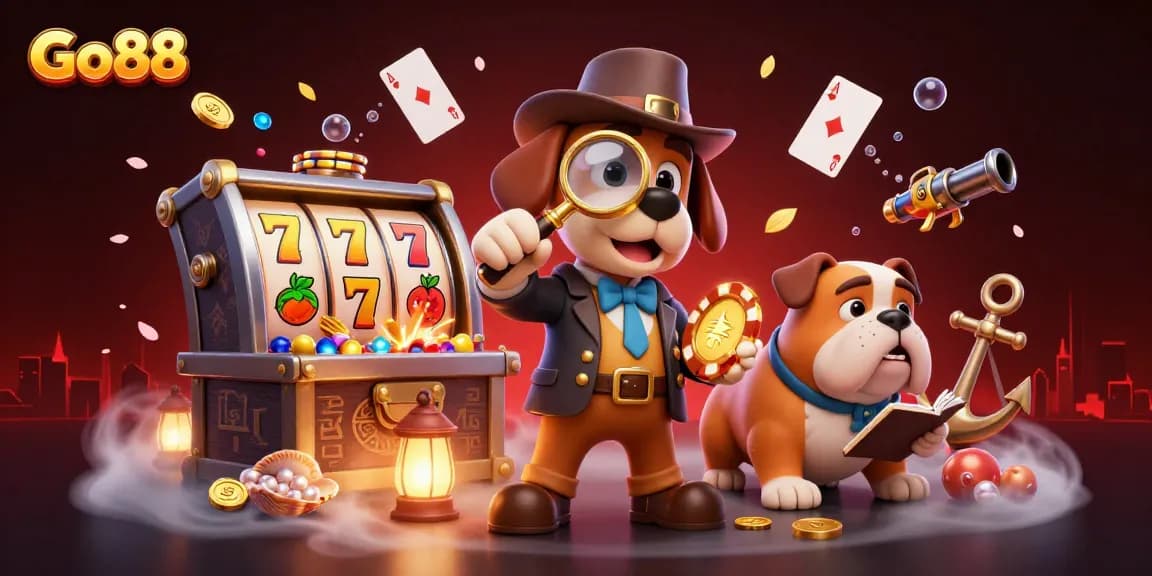 Go88 showcases an exciting scene with a 3D detective inspecting a poker chip amidst vibrant casino elements.