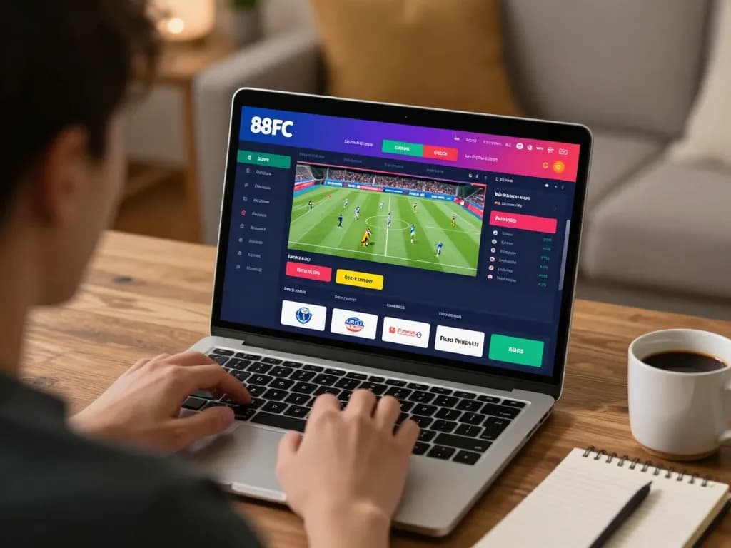 Placing a bet on 88FC with live match odds on the laptop during a cozy home betting session