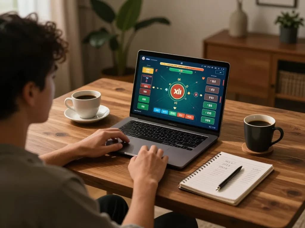 Player engaging in an online tài xỉu game at home, showcasing a relaxed and strategic atmosphere