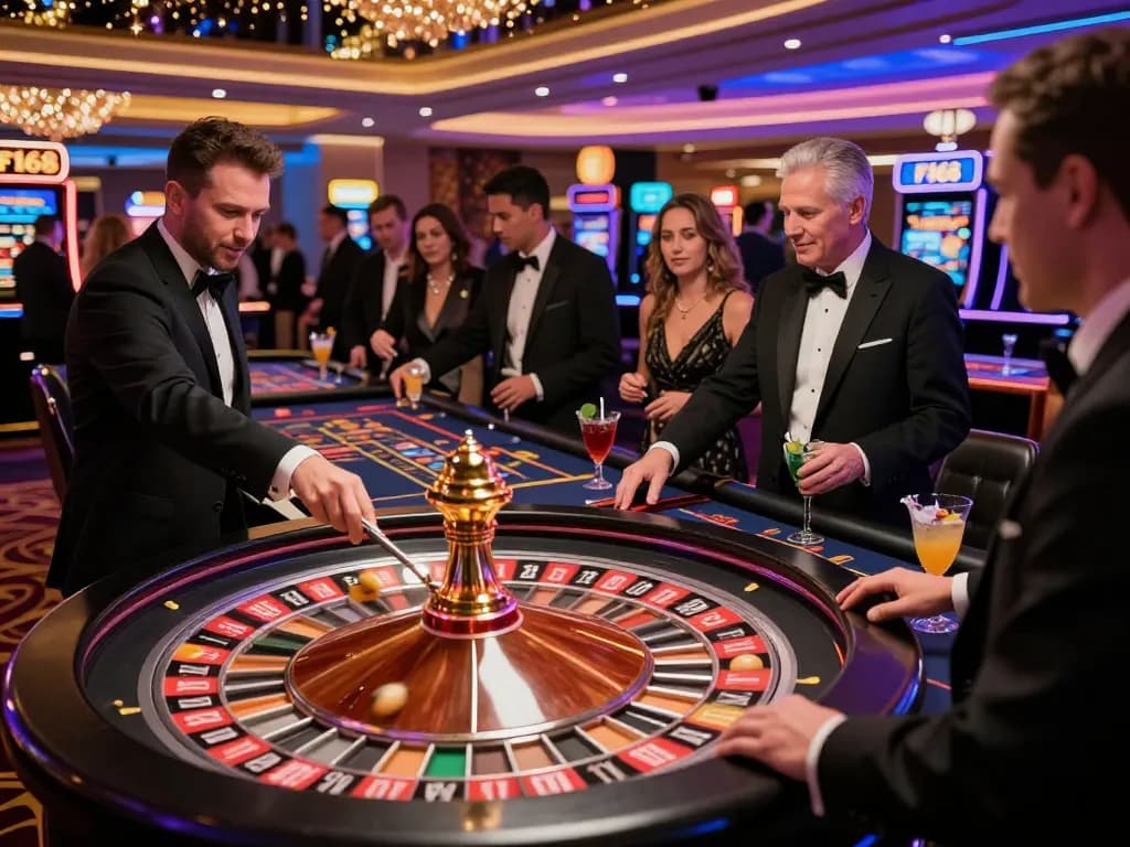 F168 Casino guests watch eagerly as the roulette ball spins, capturing excitement in 2026.