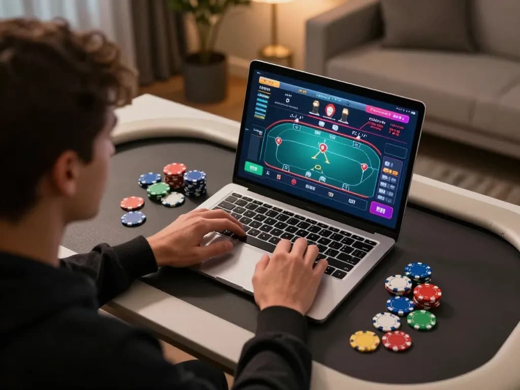 ko66 player engaging in online casino poker game on laptop with colorful chips scattered