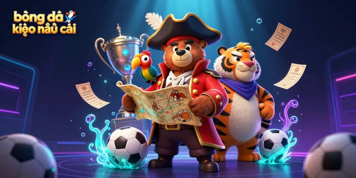 Engage in bóng đá kèo nhà cái with a vibrant illustration of a pirate captain bear, tiger, and golden parrot surrounded by sports betting elements.