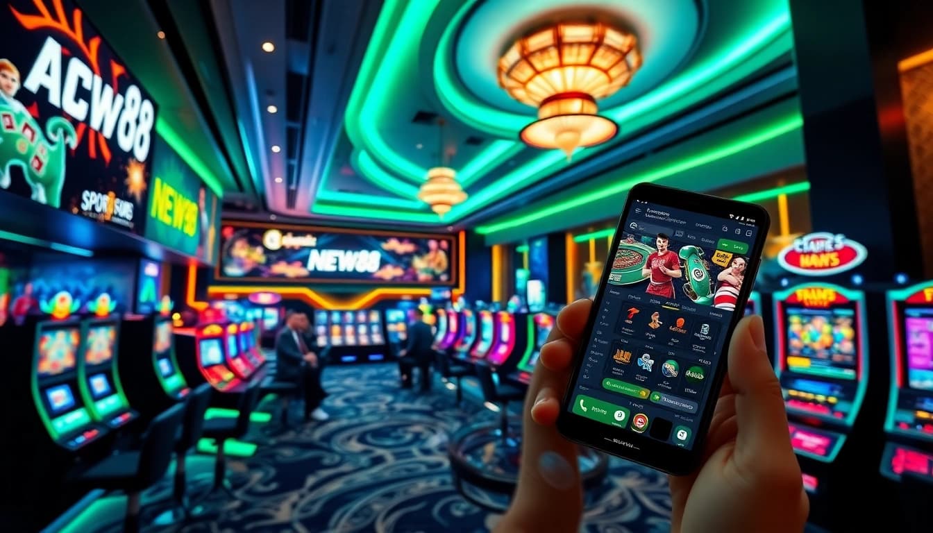 Dynamic scene of NEW88 online gambling showcasing vibrant gaming options, top-notch experience at new88go.com.