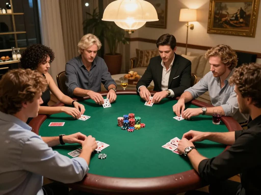 Players enjoying an exciting poker night at home, showcasing luck8's vibrant social gaming atmosphere.