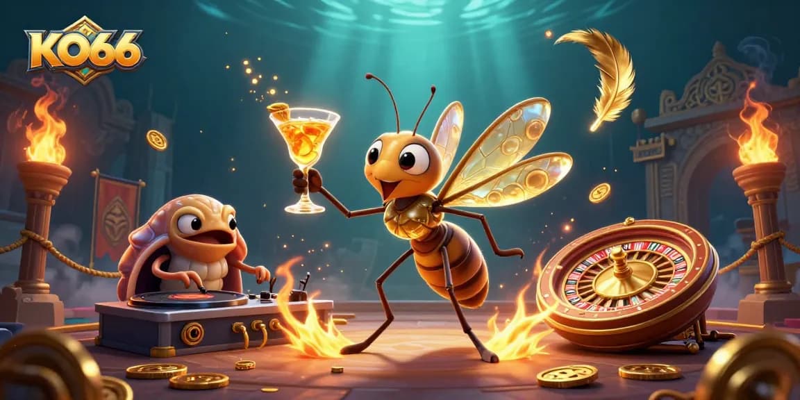 KO66 casino mascot animatedly celebrating with a golden cocktail in a vibrant gambling scene.