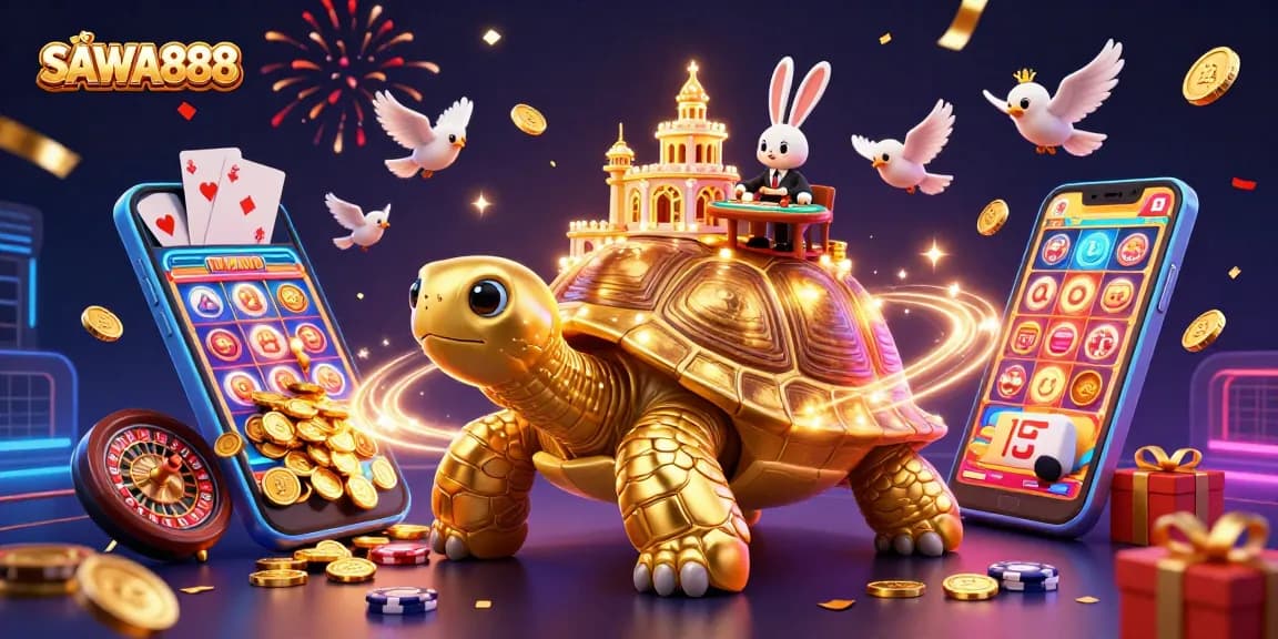 Experience the excitement of SAWA888 with vibrant gaming scenes featuring golden tortoise and dynamic casino elements.