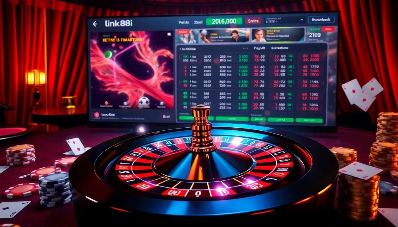 Experience thrilling online gambling with link 88i featuring vibrant roulette wheels and poker chips.