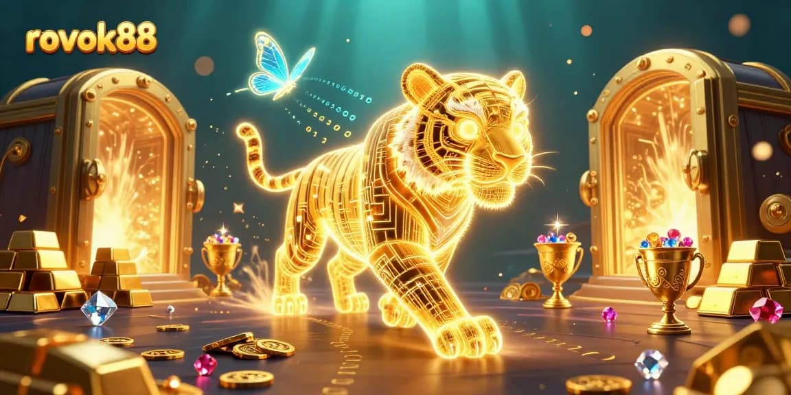 Experience excitement with rokok88 as a golden tiger prowls a digital casino landscape bursting with treasure.