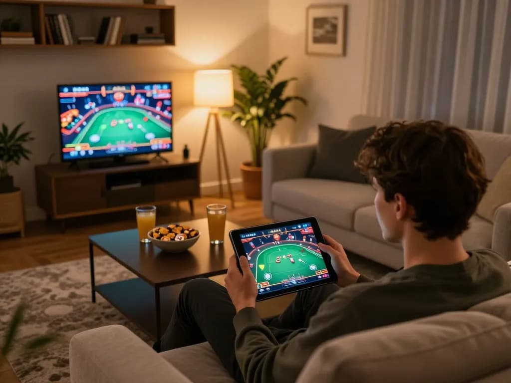 Player enjoying online gaming experience at Nhà Cái 88AA, showcasing poker action and a cozy home setup.