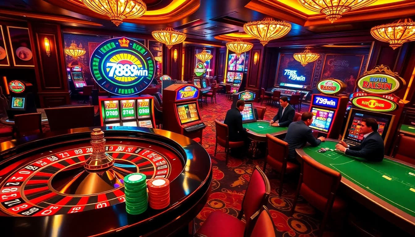 Players enjoying casino games at 789win, featuring a vibrant roulette wheel and glowing slot machines.