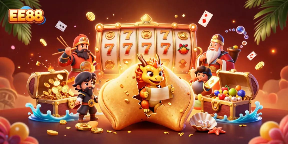 Engage with EE88 by exploring a vibrant, dynamic casino scene featuring a golden fortune cookie.