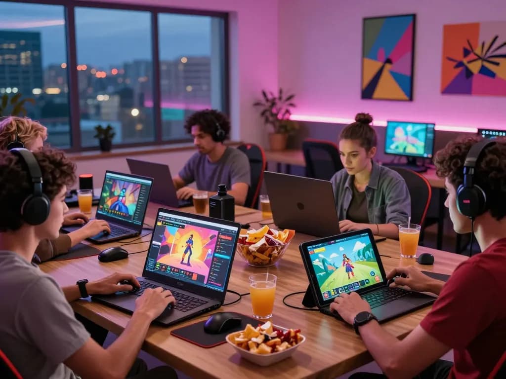 Engaged adults enjoying real porn games in a vibrant gaming lounge with devices and snacks.