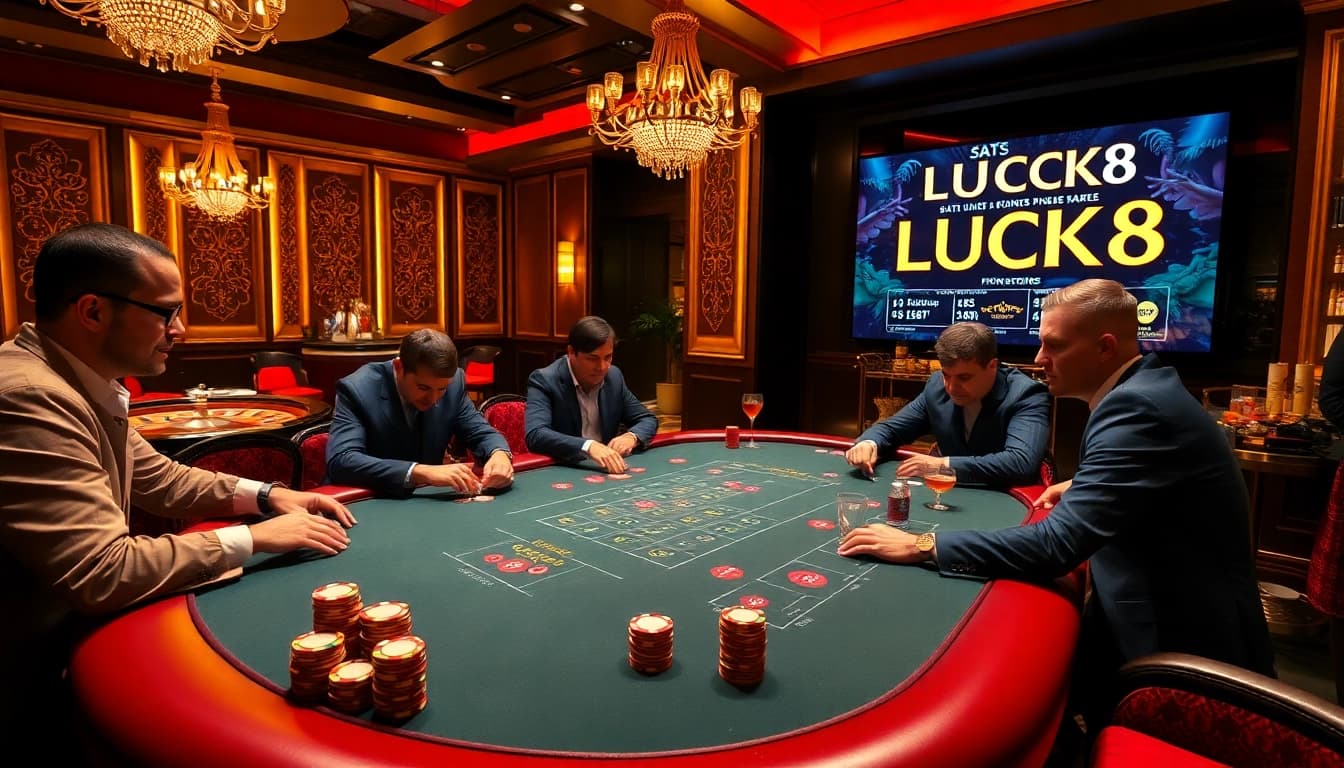 Cảnh trò chơi casino LUCK8 với hành động poker đầy hào hứng và ánh sáng sống động.