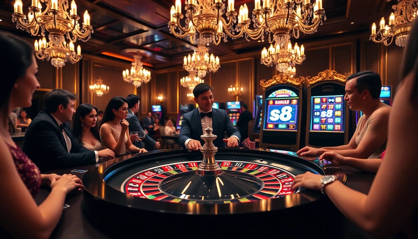 Experience the excitement of gambling with s8 chips on a luxurious roulette table in a vibrant casino.