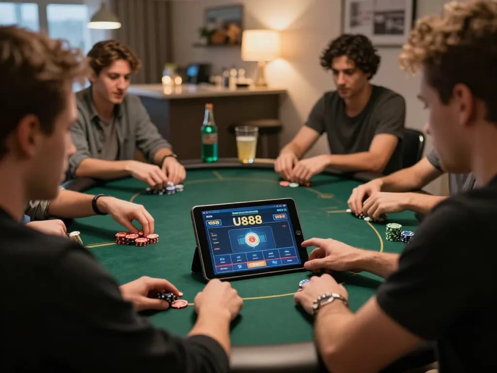 Engaging moment of a player using U888 for online poker with friends in a cozy home setting