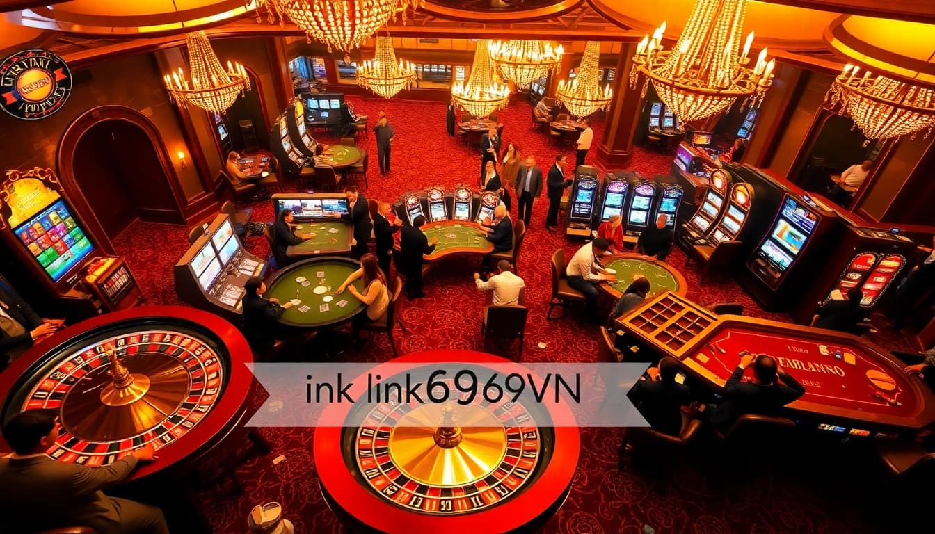 Players engrossed in games, showcasing link 69VN and a vibrant casino atmosphere filled with poker chips and roulette wheels.