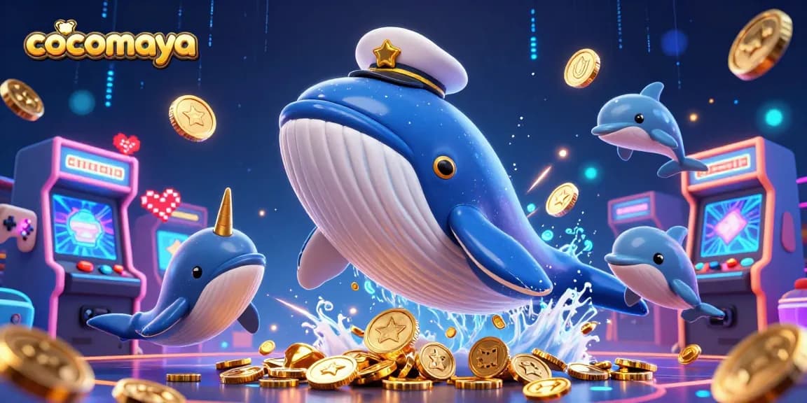 Engage with cocomaya's whimsical casino world featuring a whale, narwhal, and dolphins with vibrant gaming elements.