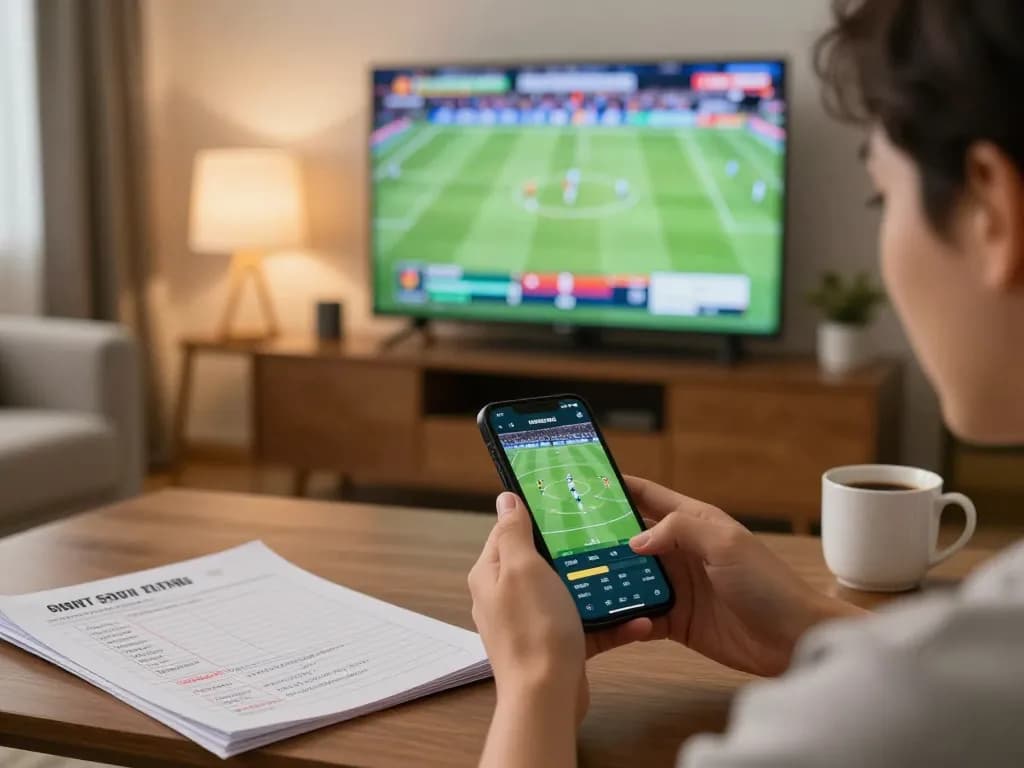 Engaging with trang cá cược bóng đá from home using a smartphone, capturing the excitement of online betting