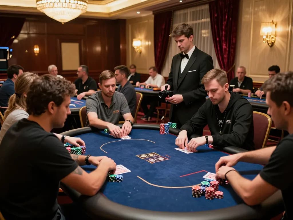 Kuwin789 players strategizing at a poker table in a luxurious casino ambiance.