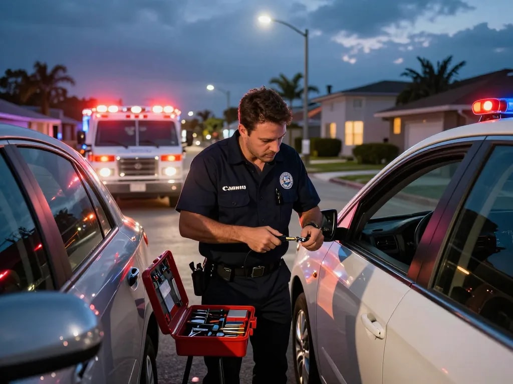 Emergency locksmith Palm City assisting with a car door lock at night, highlighting urgent service and professionalism.