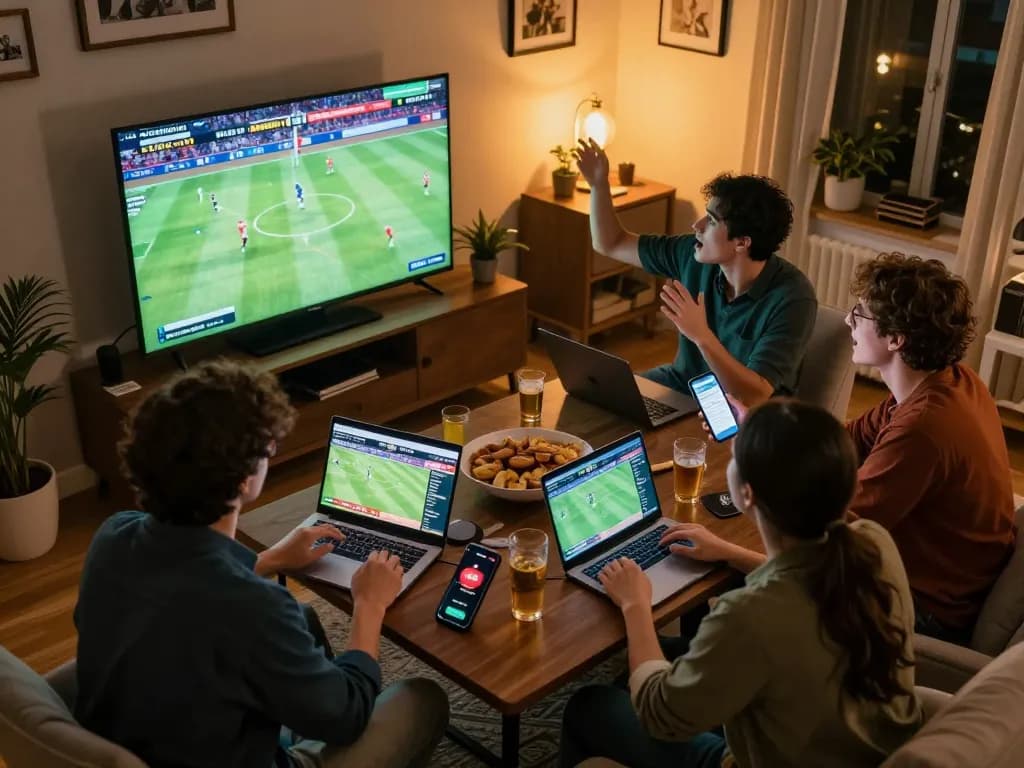 Friends engaged in sports betting with Net88 app during a live match in a cozy home atmosphere