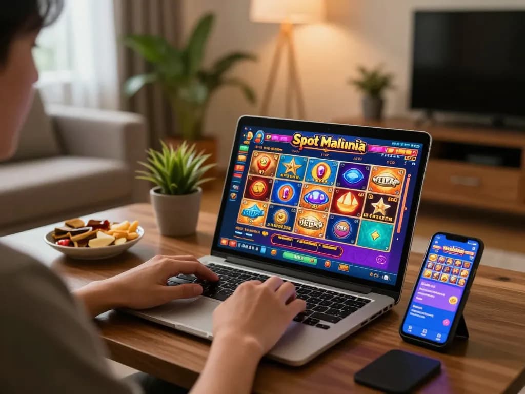 Engaging gameplay on Slot Malaysia with colorful graphics displayed on a laptop in a cozy living room setting