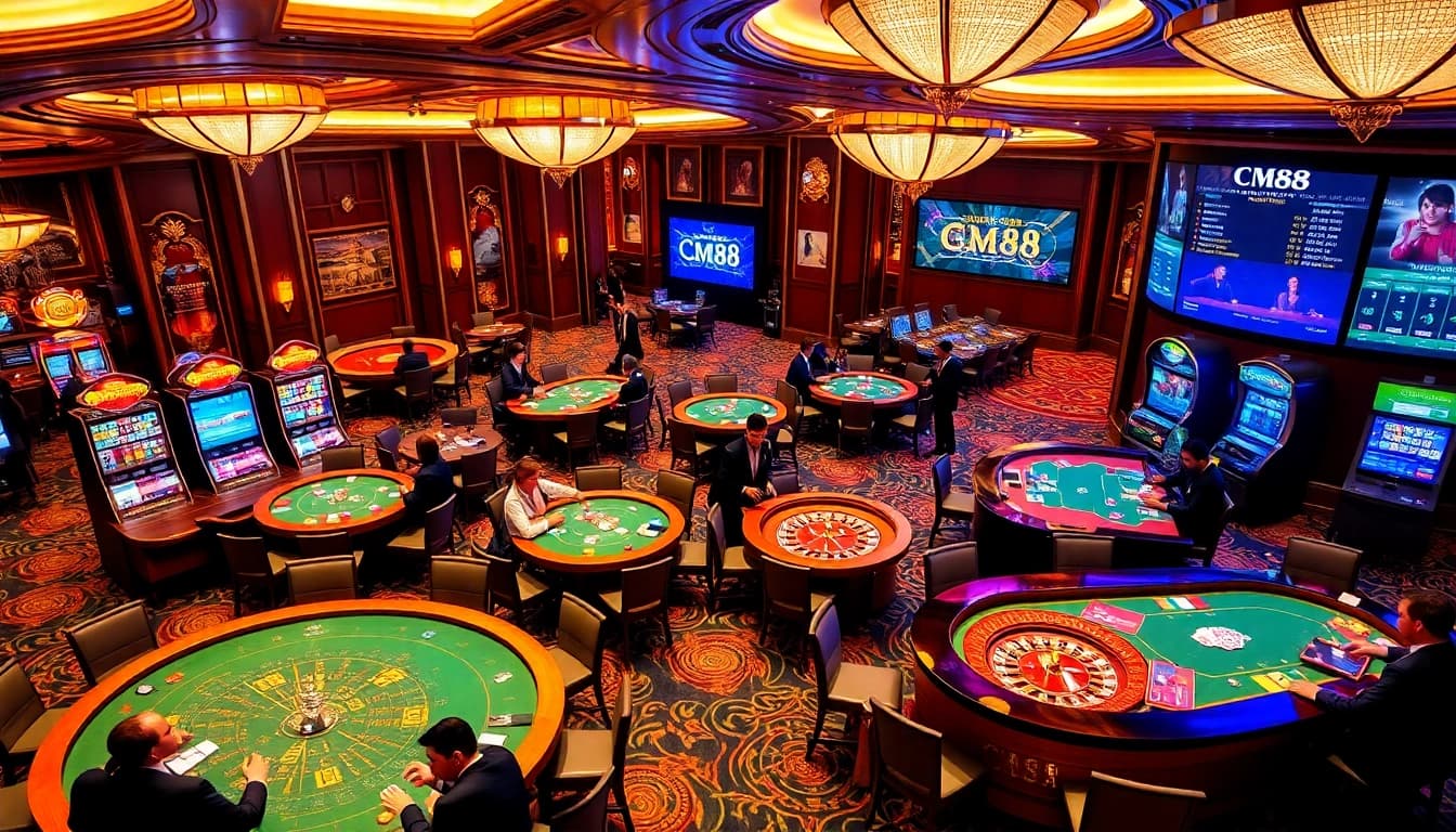 Engaging CM88 casino scene with players at roulette and poker tables, showcasing excitement.