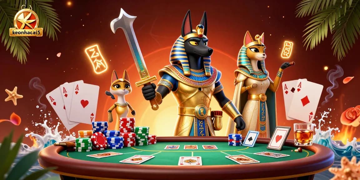 Experience the excitement of keonhacai5 with Anubis and Bastet at a vibrant poker scene.