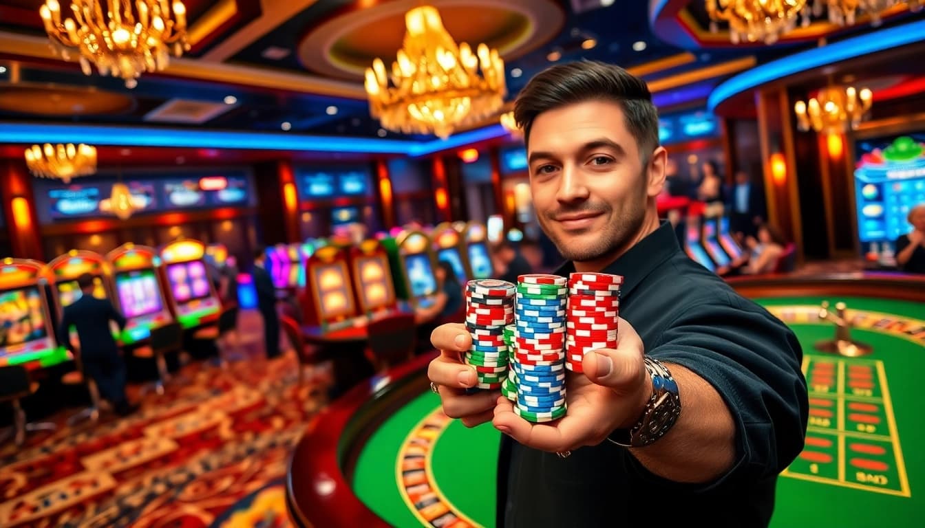 Excited players gamble at 23win casino, showcasing vibrant roulette and colorful poker chips.