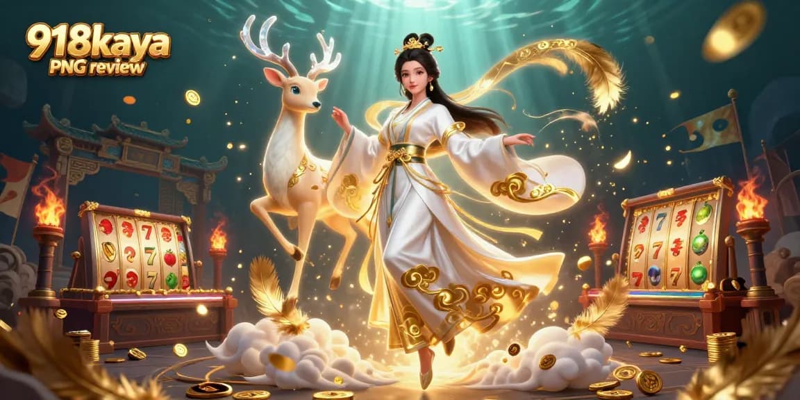 918kaya PNG review with stunning visuals of a floating Asian woman, slot elements, and golden coins.