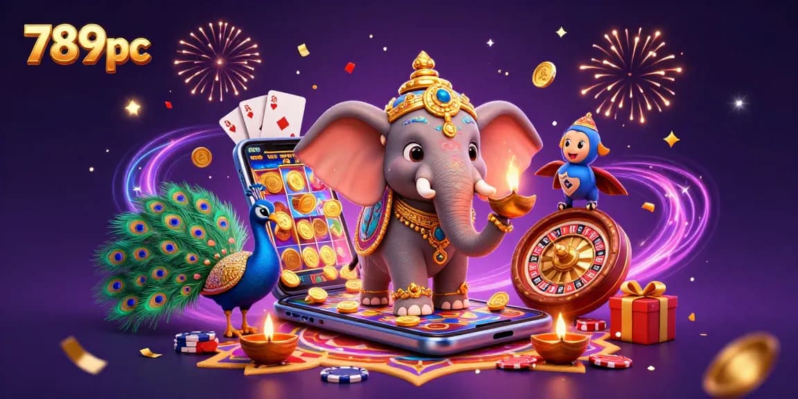 Engage with exciting gaming at 789pc, showcasing vibrant visuals of slot games and festive elements.