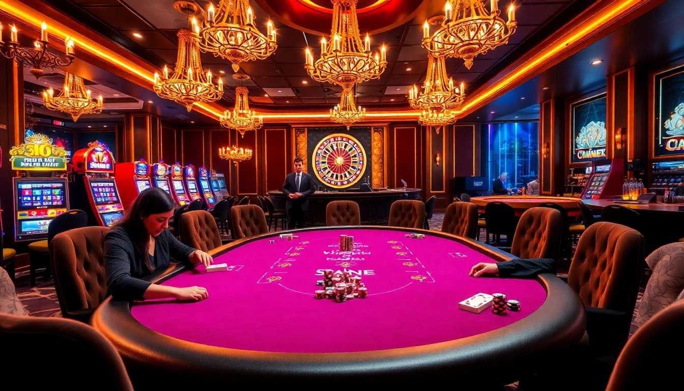 Players engaging in poker at a luxurious casino table within the 98win gambling experience.