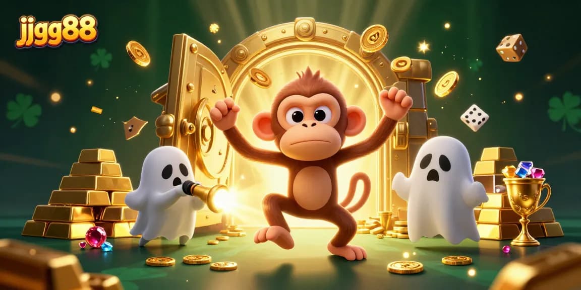 Engage with jjgg88's vibrant gaming world, featuring a playful monkey and curious puppy in a casino.