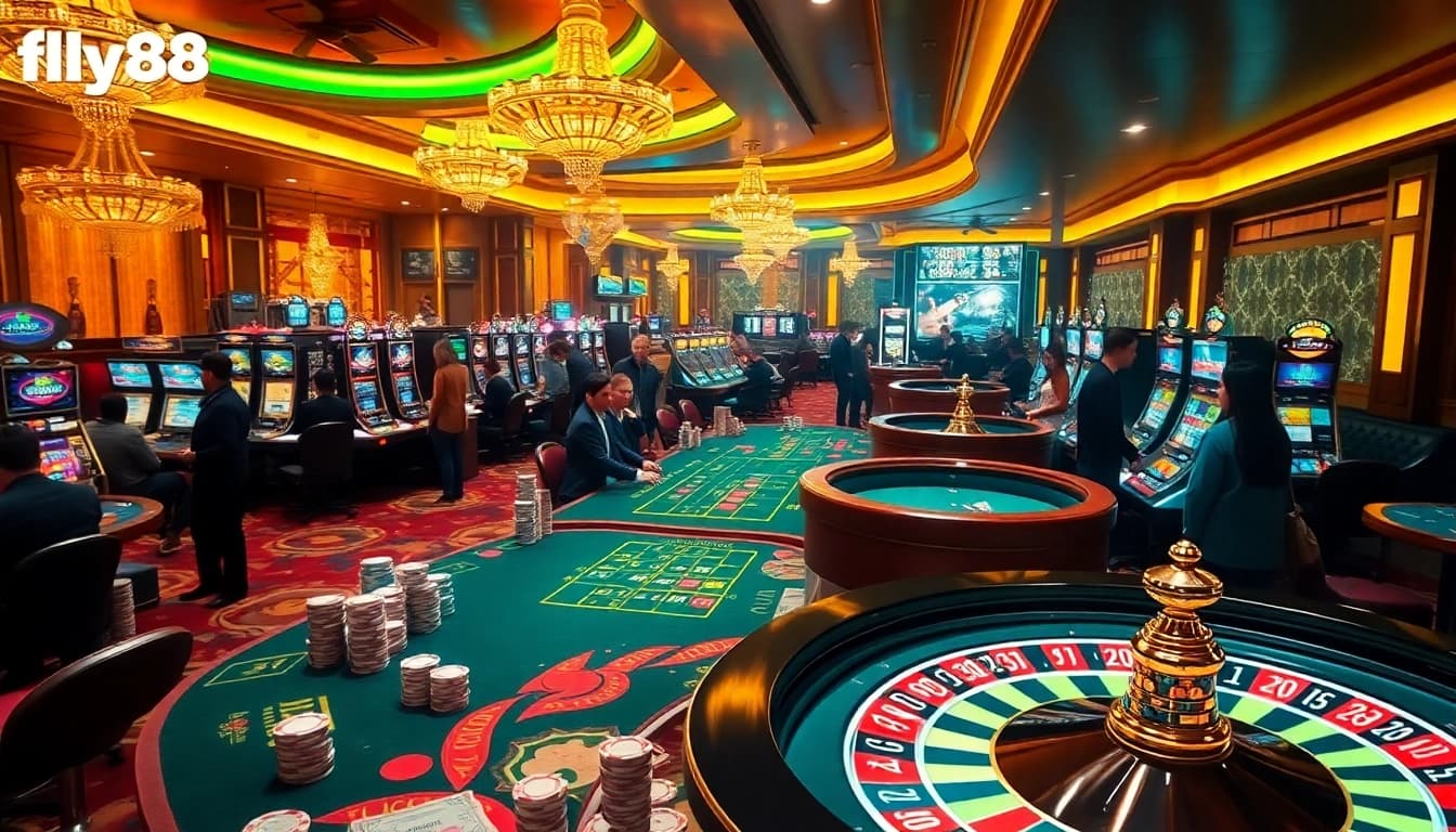 Experience the thrill of fly88 with vibrant casino games featuring colorful slot machines and poker chips.