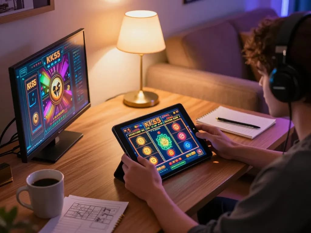 Engaging in KK55 online slot games on a tablet in a cozy home setting with warm lighting.