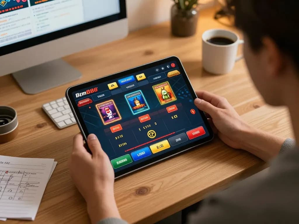 Player enjoying online casino games on Bem88 platform with friendly home atmosphere.