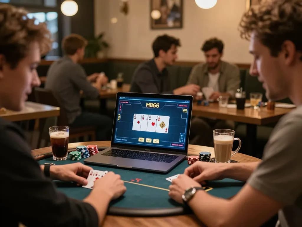 Player wins at MB66 poker game on laptop in vibrant cafe environment, showcasing strategic gameplay.