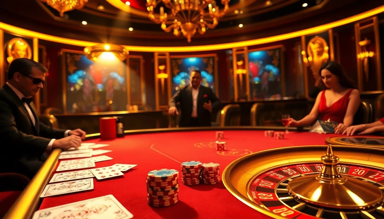 Action-packed poker table scene at an upscale casino with '888b' elements