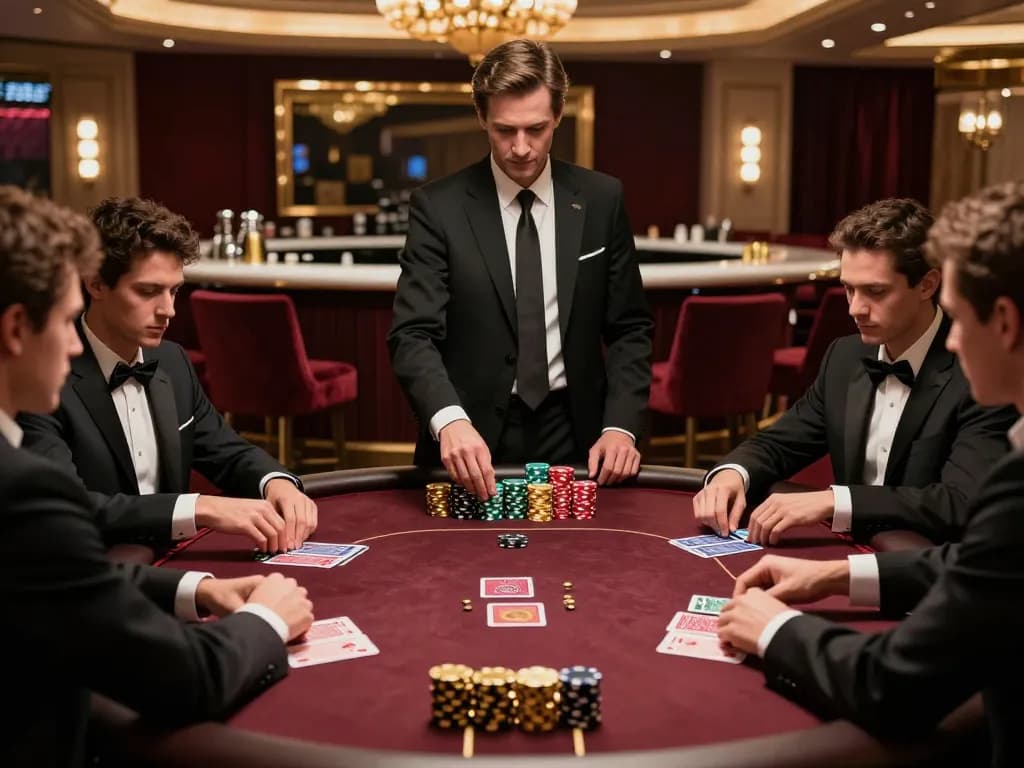 MM88 players strategizing at a luxurious poker table, showcasing high stakes and elegant casino ambiance.