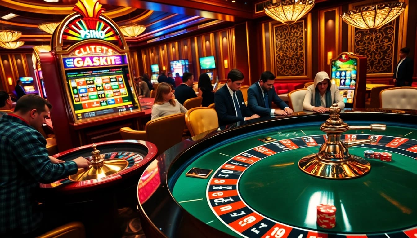 Engaging atmosphere at a casino featuring poker, roulette, and slot machines at https://sunwinn.in.net/ for gamblers.