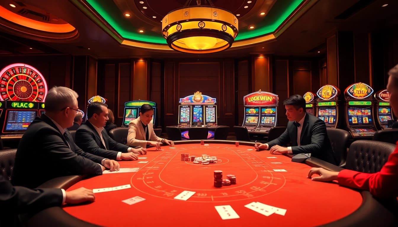 Players enjoying high-stakes poker at luckywin casino, surrounded by vibrant slot machines and roulette wheels.