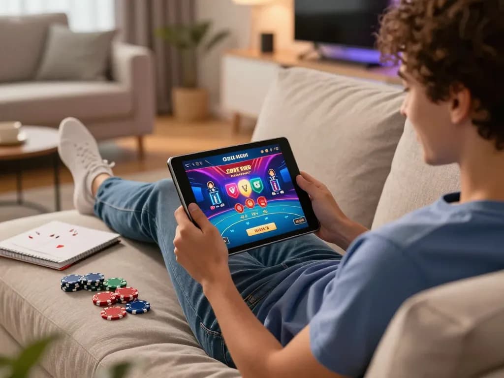 Soc88 player enjoying online poker on a tablet with strategies visible in the cozy living room.