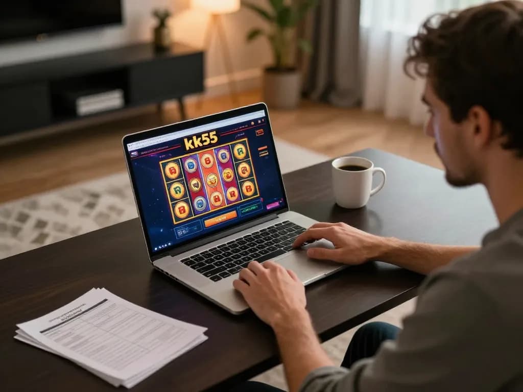 Player enjoying an online kk55 casino experience at home, showcasing tablet interaction and cozy setup.
