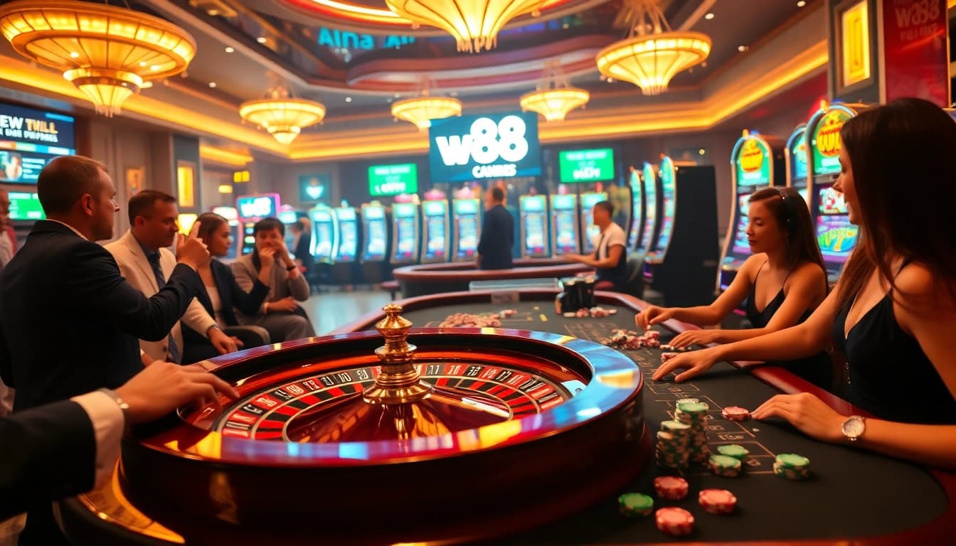 Experience the excitement of 'vào w88 mới nhất' with dynamic casino visuals featuring roulette, poker, and vibrant slot machines.