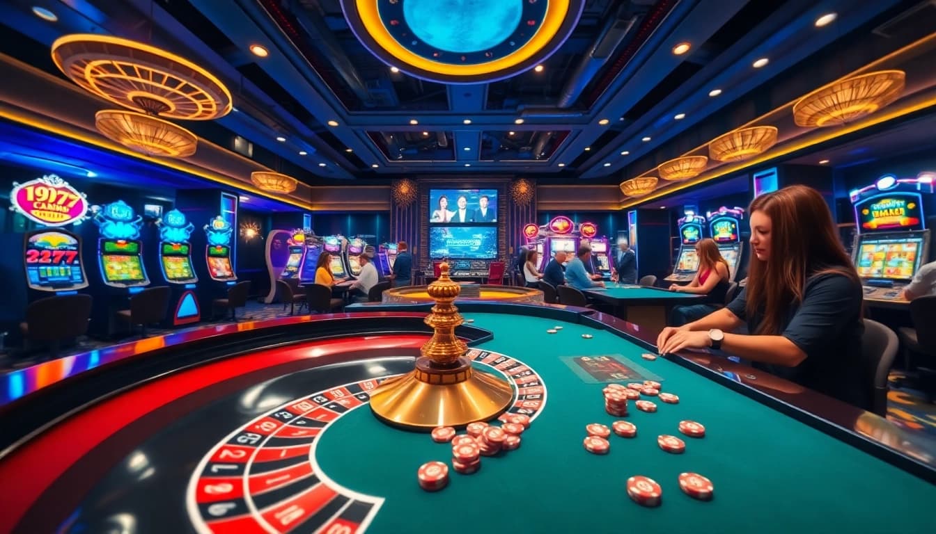 Experience the excitement of gambling at https://rr88.navy/, featuring a lively casino scene with poker players and roulette tables.