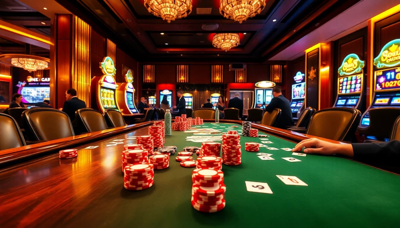 Experience a thrilling poker game at https://jun88buzz.info/ with vibrant poker chips and engaged players.
