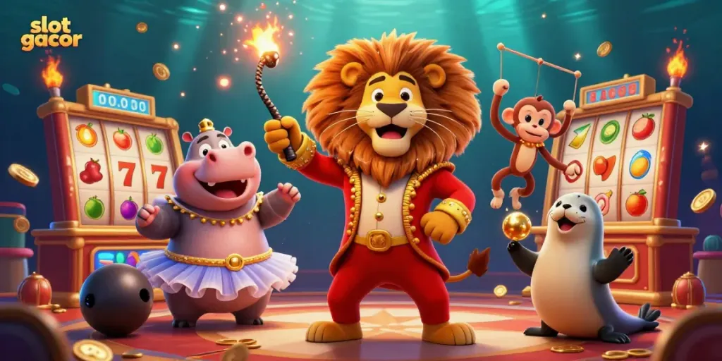 Experience the thrill of slot gacor with our vibrant circus-themed casino illustration featuring lively characters.